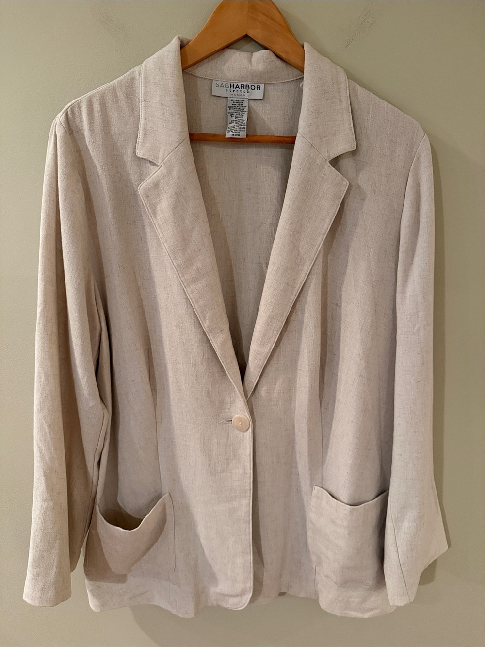Vintage Sag Harbor Beige/Cream Single-Button Linen-Blend Blazer
